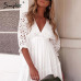 Simplee Elegant v neck embroidery women dress Ruffle pleated cotton lace up summer dresses Casual sexy hollow out dress festa