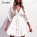 Simplee Elegant v neck embroidery women dress Ruffle pleated cotton lace up summer dresses Casual sexy hollow out dress festa