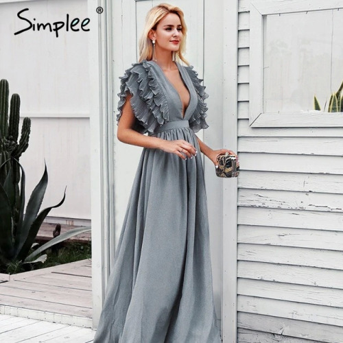 Simplee Elegant v neck long dresses Ruffles high waist women dresses Evening party female sexy maxi dress vestidos festa 2018