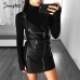 Simplee Fashion PU leather women dress V neck mini bodycon sexy dress Christmas zipper autumn winter short dress ladies vestido