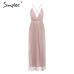 Simplee Mesh pink lace women dress Elegant v neck evening maxi christmas dress Autumn winter sexy long party dress vestido festa