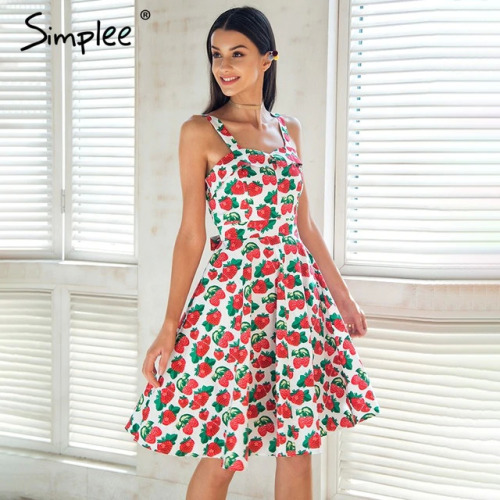 Simplee Print strap midi summer dress women Causal sash princess dress Spring party wear cut dress girl vestidos 2018 robe femme