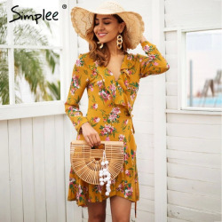 Simplee Ruffle print wrap dress women Sexy v neck mini dress long sleeve summer dress Robo femme streetwear beach vestidos 2018