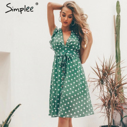 Simplee Sexy V neck polka dot green summer dress women 2019 Casual ruffle midi dress Elegant holiday beach female vestidos festa