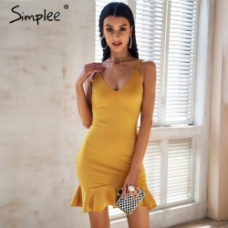 Simplee Sexy v neck ruffle strap mini dress women Skinny black mermaid dress 2018 Summer dress bodycon party vestido