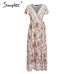 Simplee Vintage floral print summer dress Ruffle split sash sexy long dress Bohemian women dress holiday beach dress vestidos