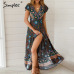 Simplee Vintage floral print summer dress Ruffle split sash sexy long dress Bohemian women dress holiday beach dress vestidos