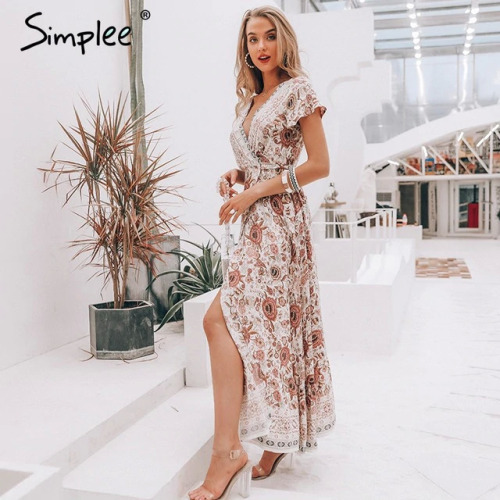 Simplee Vintage floral print summer dress Ruffle split sash sexy long dress Bohemian women dress holiday beach dress vestidos