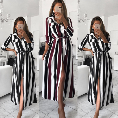 Stripe Maxi Dress 2019 Office Lady Turn-Down Collar Button Long Shirt Dress Women Autumn Summer Long Sleeve Dress