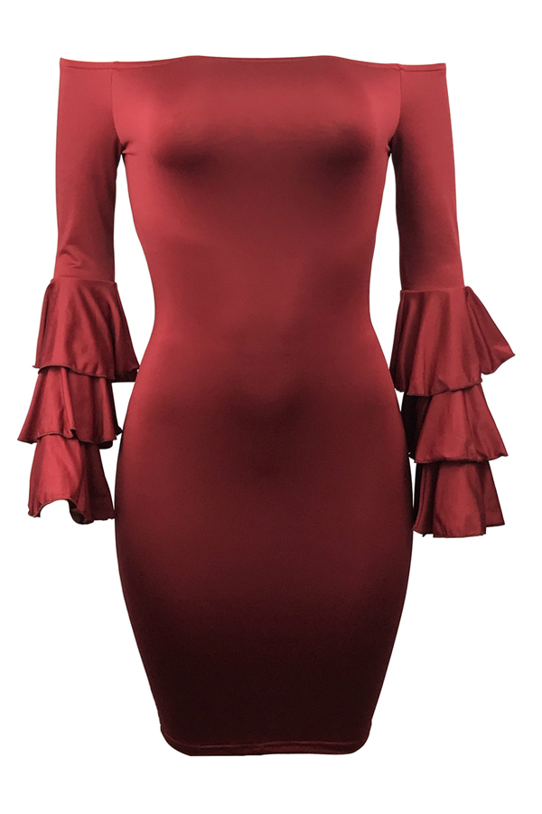 Stylish Dew Shoulder Long Sleeves Falbala Design Wine Red Polyester Sheath Knee Length Dress
