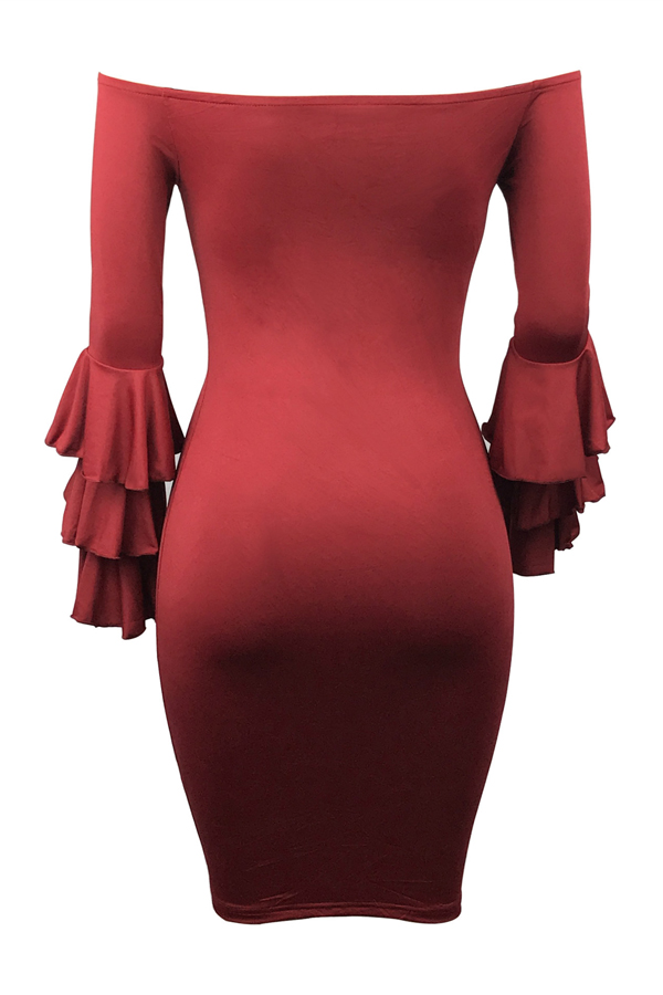 Stylish Dew Shoulder Long Sleeves Falbala Design Wine Red Polyester Sheath Knee Length Dress