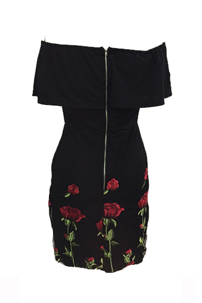Stylish Dew Shoulder Rose Printed Black Cotton Blend Mini Dress