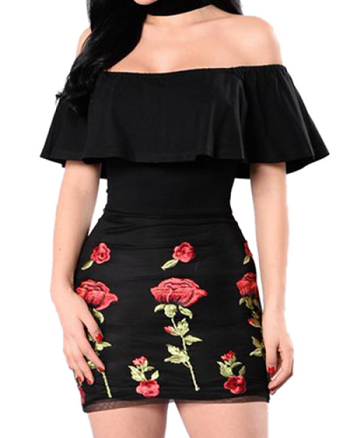 Stylish Dew Shoulder Rose Printed Black Cotton Blend Mini Dress Stylish Dew Shoulder Rose Printed Black Cotton Blend Mini Dress