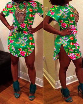 Stylish O Neck Short Sleeves Floral Print Green Polyester Sheath Mini Shirt Dress Stylish O Neck Short Sleeves Floral Print Green Polyester Sheath Mini Shirt Dress