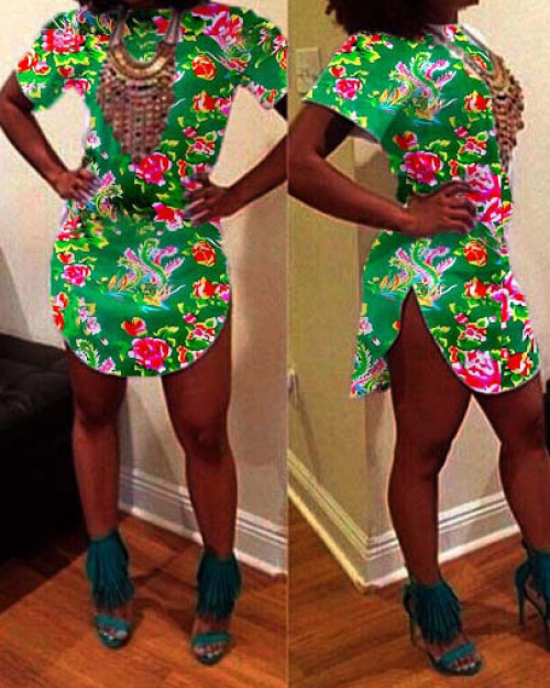 Stylish O Neck Short Sleeves Floral Print Green Polyester Sheath Mini Shirt Dress Stylish O Neck Short Sleeves Floral Print Green Polyester Sheath Mini Shirt Dress