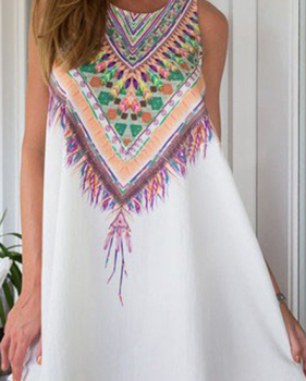 Stylish O Neck Tank Sleeveless Colorful Print White Cotton Blend A Line Mini Dresses Stylish O Neck Tank Sleeveless Colorful Print White Cotton Blend A Line Mini Dresses