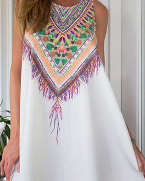 Stylish O Neck Tank Sleeveless Colorful Print White Cotton Blend A Line Mini Dresses Stylish O Neck Tank Sleeveless Colorful Print White Cotton Blend A Line Mini Dresses