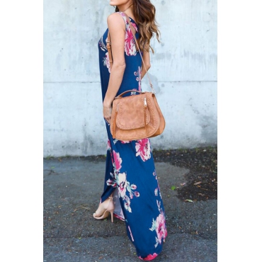 Stylish Round Neck Floral Print Blue Polyester Ankle Length Dress(Non Positioning Printing)