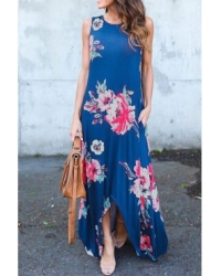 Stylish Round Neck Floral Print Blue Polyester Ankle Length Dress(Non Positioning Printing) Stylish Round Neck Floral Print Blue Polyester Ankle Length Dress(Non Positioning Printing)