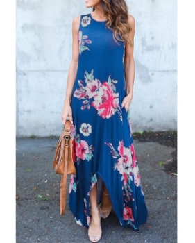 Stylish Round Neck Floral Print Blue Polyester Ankle Length Dress(Non Positioning Printing)
