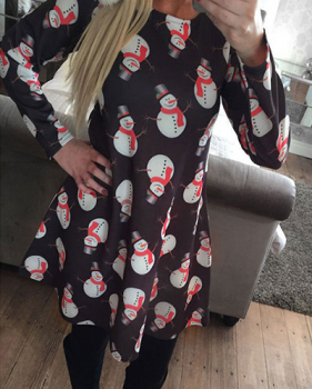 Stylish Round Neck Long Sleeves Father Christmas Printed Black Qmilch Knee Length Dress Stylish Round Neck Long Sleeves Father Christmas Printed Black Qmilch Knee Length Dress