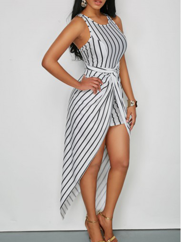 Stylish Round Neck Striped White Polyester Sheath Ankle Length Dress