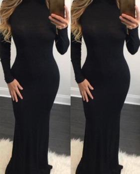 Stylish Turtleneck Long Sleeves Black Polyester Mermaid Floor length Dress Stylish Turtleneck Long Sleeves Black Polyester Mermaid Floor length Dress