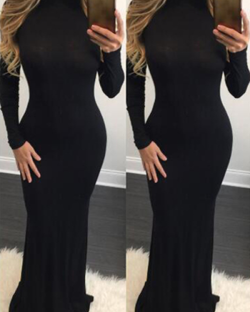 Stylish Turtleneck Long Sleeves Black Polyester Mermaid Floor length Dress Stylish Turtleneck Long Sleeves Black Polyester Mermaid Floor length Dress
