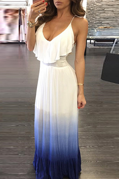 Stylish V Neck Backless White Blue Milk Fiber Ankle Length Dress