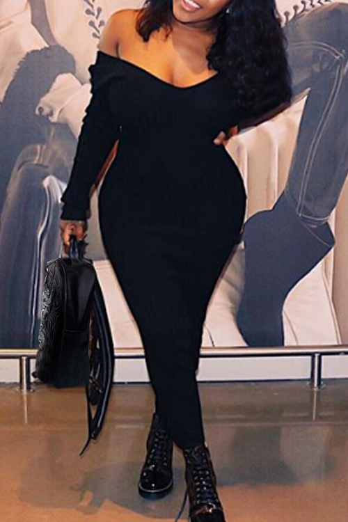 Stylish V Neck Black Cotton Blend Sheath Mid Calf Dress