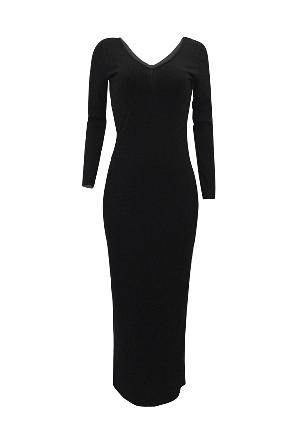 Stylish V Neck Black Cotton Blend Sheath Mid Calf Dress