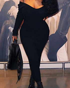 Stylish V Neck Black Cotton Blend Sheath Mid Calf Dress