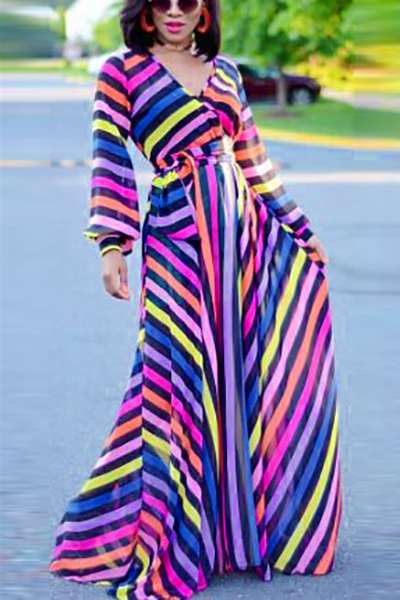 Stylish V Neck Long Sleeves Striped Printed Milk Fiber Ankle Length Dress