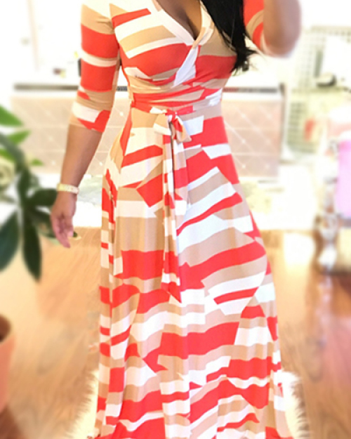 Stylish V Neck Printed White Healthy Fabric Ankle Length Dress (With Belt) Stylish V Neck Printed White Healthy Fabric Ankle Length Dress (With Belt)