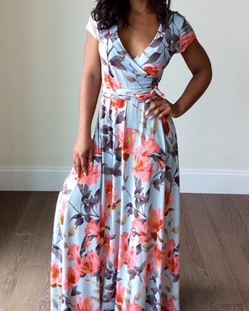 Stylish V Neck Short Sleeves Floral Print Milk Fiber Sheath Ankle Length Dress(Non Positioning Printing) Stylish V Neck Short Sleeves Floral Print Milk Fiber Sheath Ankle Length Dress(Non Positioning Printing)