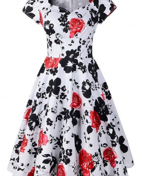 Stylish V Neck Short Sleeves Floral Print Red Cotton Blend Ball Gown Knee Length Dress Stylish V Neck Short Sleeves Floral Print Red Cotton Blend Ball Gown Knee Length Dress