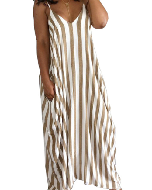 Stylish V Neck Sleeveless Striped Blending Ankle Length Dress Stylish V Neck Sleeveless Striped Blending Ankle Length Dress