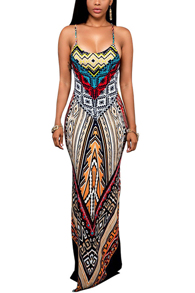 Stylish V Neck Spaghetti Strap Sleeveless Printed White Milk Fiber Ankle Length Dress