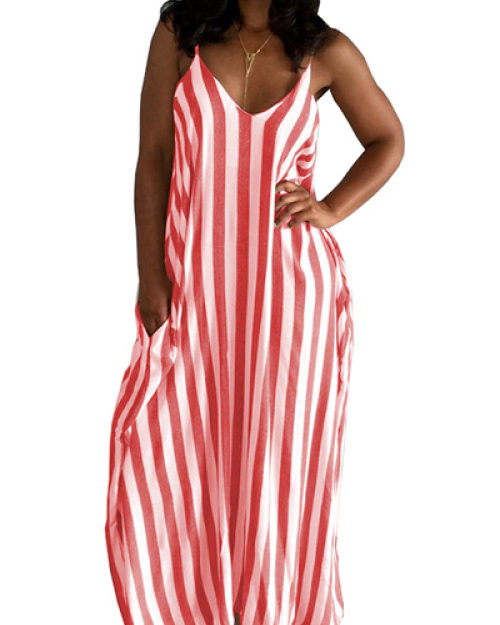 Stylish V Neck Striped Red Blending Ankle Length Dress Stylish V Neck Striped Red Blending Ankle Length Dress