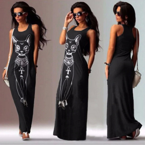 Summer Dress 2018 New Women Long Maxi Dress Casual Cat Print Boho Beach Sexy Party Dress Female Vestidos Largos robe femme