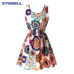 Summer Fashion Print Dresses Women Floral Sleeveless O-neck Chiffon Dress Casual Female Mini Beach Dress Vestido