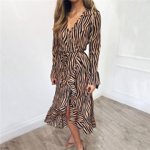 Summer Long Dresses 2019 Women Zebra Print Beach Chiffon Dress Casual Long Sleeve V Neck Ruffles Elegant Party Dress Vestidos