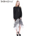 TWOTWINSTYLE 2017 Women Long Sleeve T Shirt Midi Dress Patchwork Stripe Mesh Ruffle Flare Asymmetrical Hem Pullover Casual