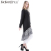 TWOTWINSTYLE 2017 Women Long Sleeve T Shirt Midi Dress Patchwork Stripe Mesh Ruffle Flare Asymmetrical Hem Pullover Casual