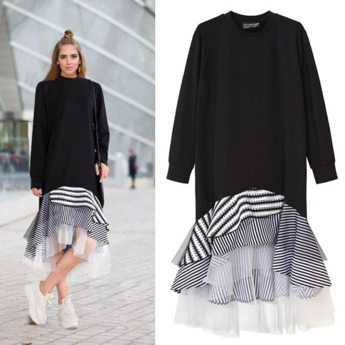 TWOTWINSTYLE 2017 Women Long Sleeve T Shirt Midi Dress Patchwork Stripe Mesh Ruffle Flare Asymmetrical Hem Pullover Casual