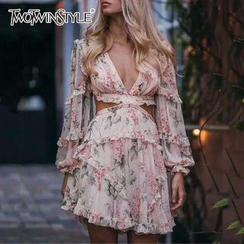 TWOTWINSTYLE Sexy Print Dress Female Chiffon V Neck Hollow Out Lantern Sleeve High Waist Mini Dresses Summer Fashion Sweet New