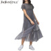 TWOTWINSTYLE Summer Korean Splicing Pleated Tulle T shirt Dress Women Big Size Black Gray Color Clothes New Fashion 2017