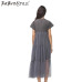 TWOTWINSTYLE Summer Korean Splicing Pleated Tulle T shirt Dress Women Big Size Black Gray Color Clothes New Fashion 2017