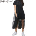 TWOTWINSTYLE Summer Korean Splicing Pleated Tulle T shirt Dress Women Big Size Black Gray Color Clothes New Fashion 2017