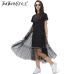 TWOTWINSTYLE Summer Korean Splicing Pleated Tulle T shirt Dress Women Big Size Black Gray Color Clothes New Fashion 2017